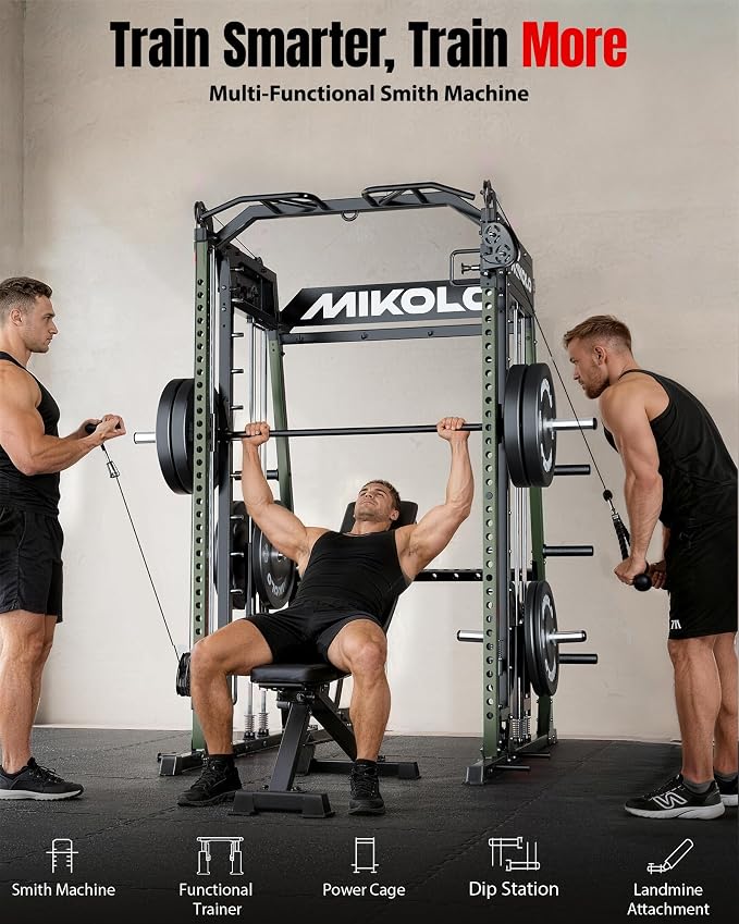 Mikolo M4 2.0 Smith Machine, 2200lbs Squat Rack with LAT-Pull Down System & Cable Crossover Machine, Training Equipment with Leg Hold-Down Attachment