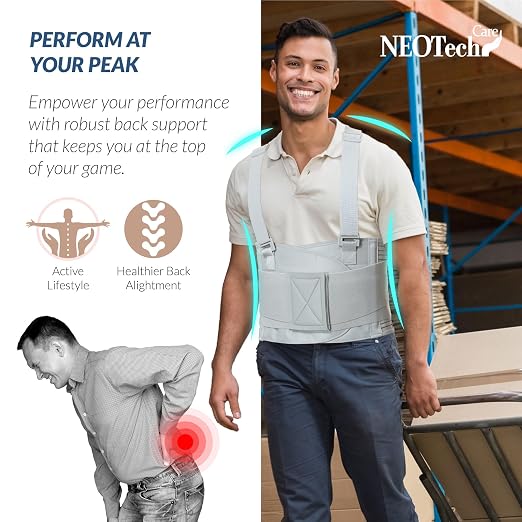 NeoTech Care Back Brace with Suspenders for Work - Industrial Lifting Safety, Elastic Compression, Hook & Loop Closure (Gray, Size L)