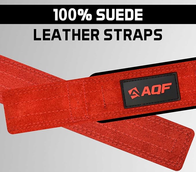 AQF Leather Weight Lifting Straps, Heavy Duty Wrist Strap for Powerlifting | Premium Suede Leather, Handcrafted Construction, Reinforced Dual Stitching, 3 mm thick & 66cm long, Sold as a Pair