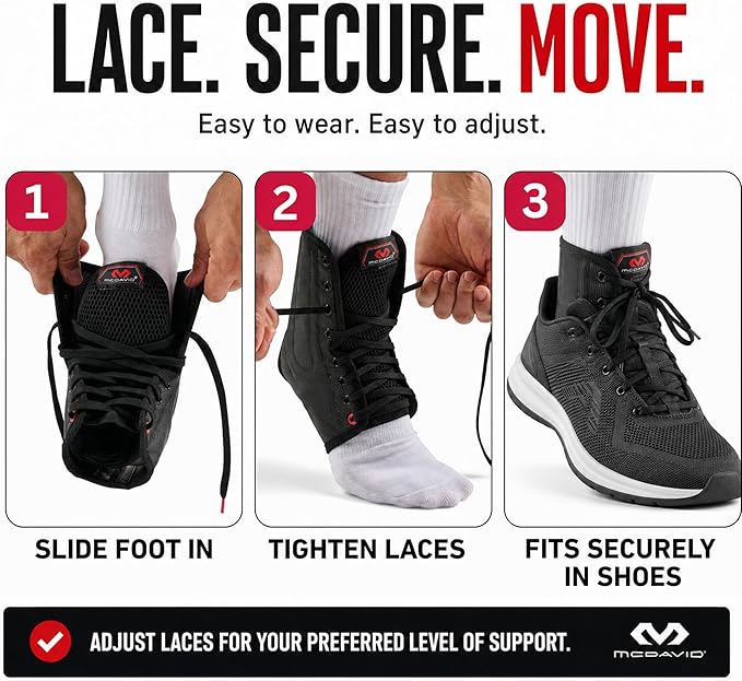 McDavid Adjustable Ankle Brace for Women Men, Sprained Ankle Support, Achilles Tendon Support, Injury Recovery, Lace Up Ankle Stabilizer Wrap for Running, Basketball, Volleyball, Soccer, Sports