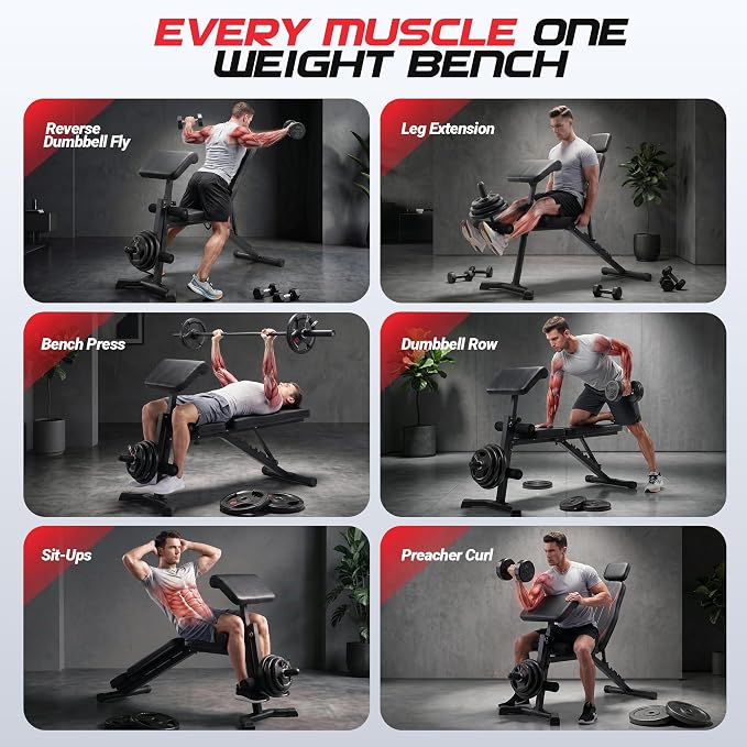 ANCHEER Adjustable Weight Bench with Leg Extension and Leg Curl, 800LB Foldable Workout Bench with Extended Headrest for Home Gym Strength Training, Incline Decline Flat Preacher Bench Press