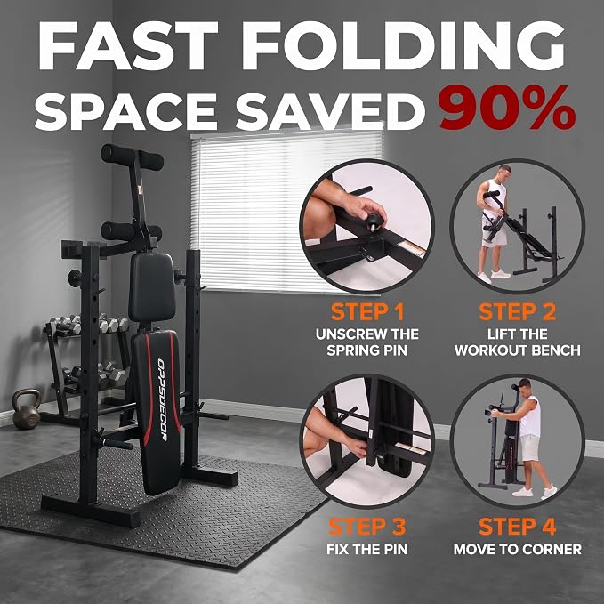 OPPSDECOR Weight Bench Set with Squat Rack, 900LBS Adjustable for Home Gym | Leg Extension & Curl, Preacher Curl Pad, ASTM-Certified 900LBS, Bench Press Rack, Full Body Workout, 2-Second Fold, US Stock