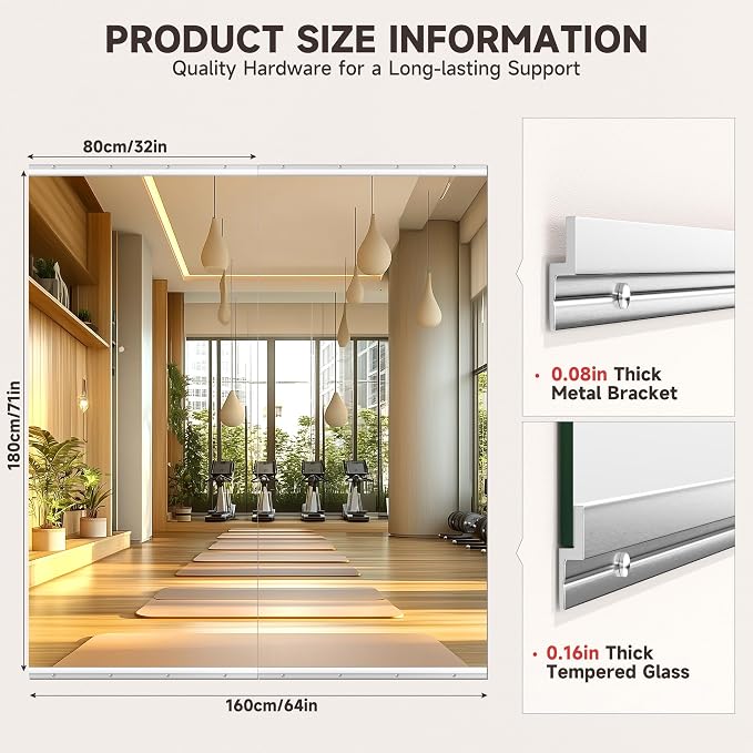 Home Gym Mirrors, 2PCS 71 x 32 Inches Tempered Glass Wall Mirror | Shatterproof, HD Distortion-Free Reflection, Premium Silver Reflective Coating, Maximize Viewing Area, No Frame Obstruction