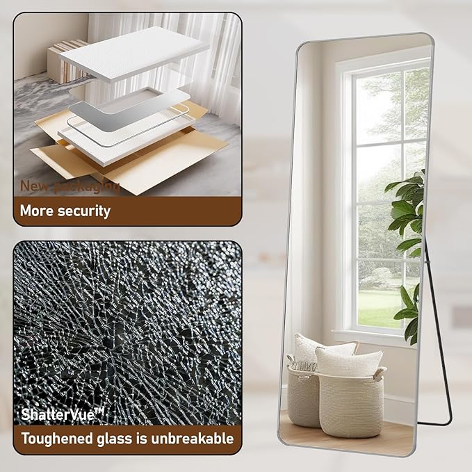 BEAUTYPEAK 71" x 26" Rounded Corner Full Length Mirror with Stand, Silver | Aluminum Alloy Frame with Standing, Leaning, or Wall-Mounted, Ideal for Bedroom, Dressing Room, Entryway, and Living Room