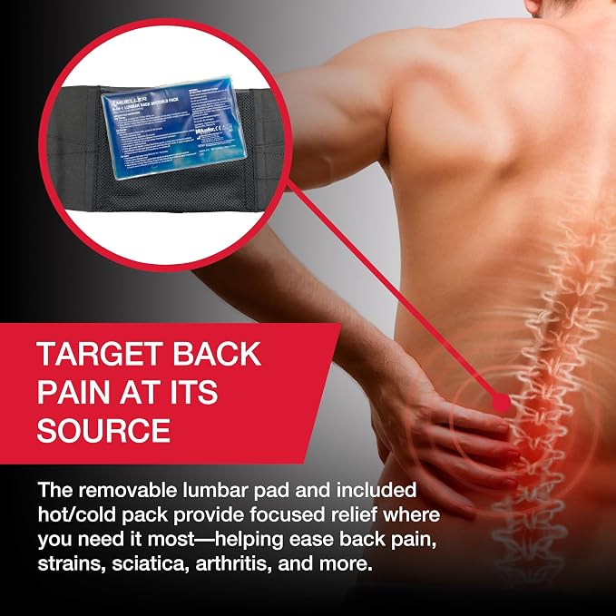 MUELLER Sports Medicine 4-in-1 Lumbar Back Brace with Hot/Cold Pack, Ideal for Upper and Lower Back Pain, Relief & Support for Men and Women, Strains, Sciatica, Scoliosis, Black, One Size