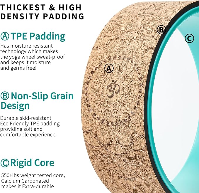 Cork Roller, Yoga Wheel, Upgraded Back Wheels for Pain Relief & Stretching | Strongest Back Roller for Deep Tissue Massage, Improving Yoga Poses Backbend
