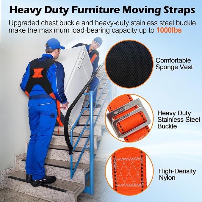 Upgraded Furniture Moving Straps with Chest Buckle, Adjustable Shoulder Moving Lifting Straps for 2 Movers,Move Furniture, Appliances, Mattresses,Heavy Objects Safely,up to 1000lbs