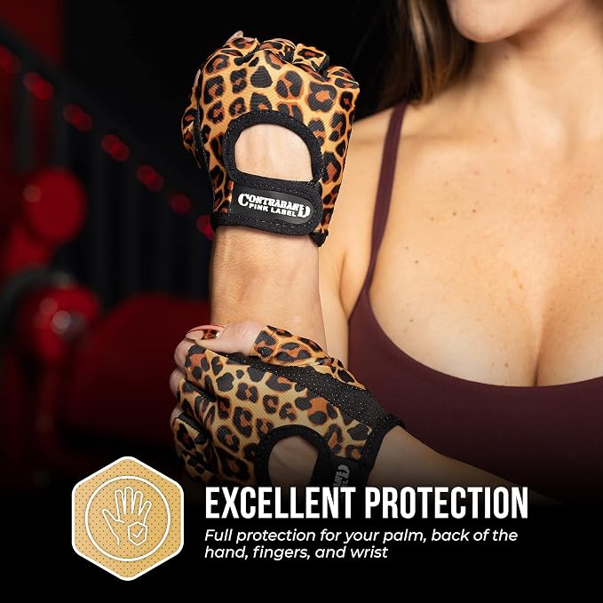 Contraband Pink Label 5297 Womens Design Series Leopard Print Lifting & Rowing Gloves (Pair) - Lightweight Vegan Medium Padded Microfiber Amara Leather w/Griplock Silicone