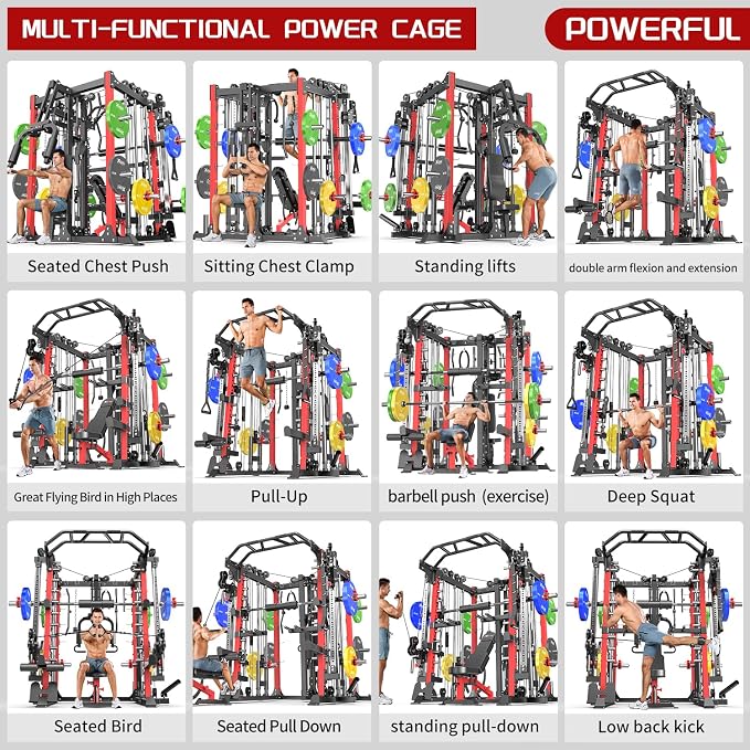 Multi-Purpose Squat Rack,Smith Machine Weight Rack Set with Cable Crossover System, Home Gym Power Racks, Power Racks and Packages