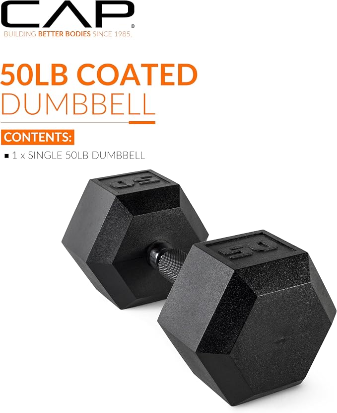 CAP Rubber Coated Dumbbell Weights, Free Weights for Home Gym Strength Training, Anti-Roll Hex Dumbbells with Black, Chrome & Comfort Grip Handles, Singles
