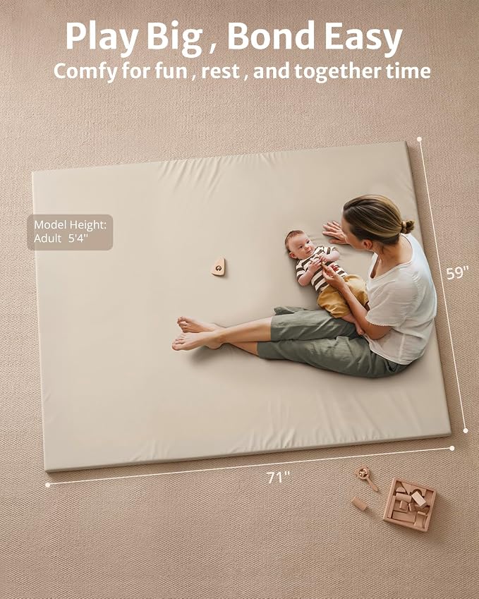 Blissful Diary Vegan Leather Baby Play Mat, 71''x59'', Beige | thick cushion, safe and soft fabric, waterproof and wip clean, indoor use, non-slip bottom, stylish mordern decor