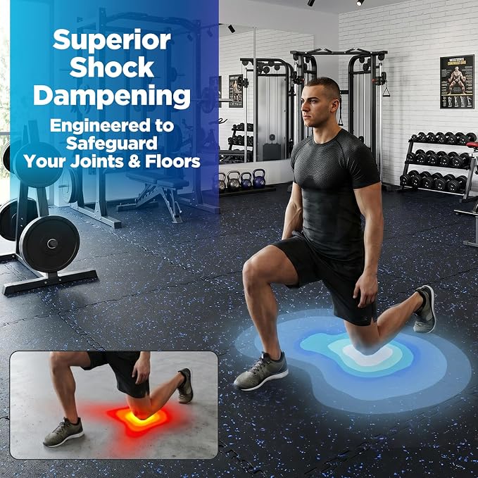 1'' Thick 24 Sq Ft Protective Gym Flooring for Home Gym, 6 Tiles Extra-Thick Rubber Top with High Density EVA Foam, Interlocking Exercise Equipment Mats, Heavy Weight Workout, Black & Blue