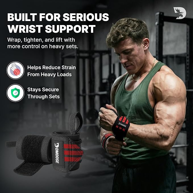 DMoose Fitness Wrist Wraps for Weightlifting 18" - Heavy Duty Gym Wrap with Hand Thumb Loop for Support & Pain Relief, USPA Approved Powerlifting, Weight Lifting Wrist Straps for Men & Women Work Out