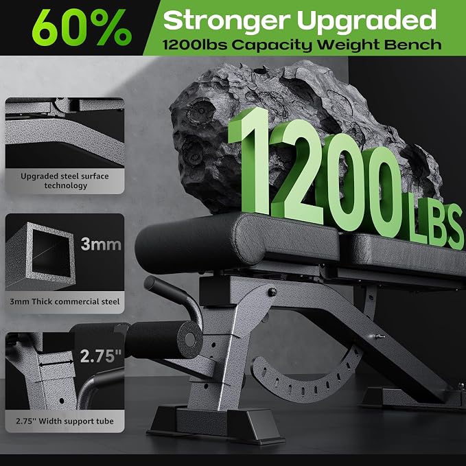 Adjustable Weight Bench for Home Gym, Heavy-Duty Incline Decline Bench with 12 Backrest Positions, 4 Seat Heights and 4 Leg Holder Settings, Commercial-Feel Strength Training Bench