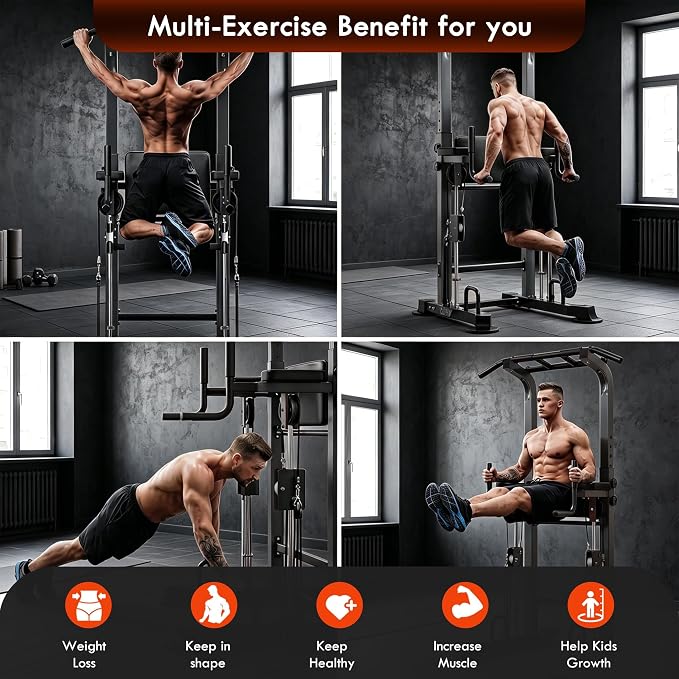 SogesPower Power Tower Multi-Function Pull Up Bar Station for Home Gym | 10-Level Height& 5-Level Armrest Adjustable,2-IN-1 Assisted Pad,Pull Up Dip Station Strength Training Workout Equipment