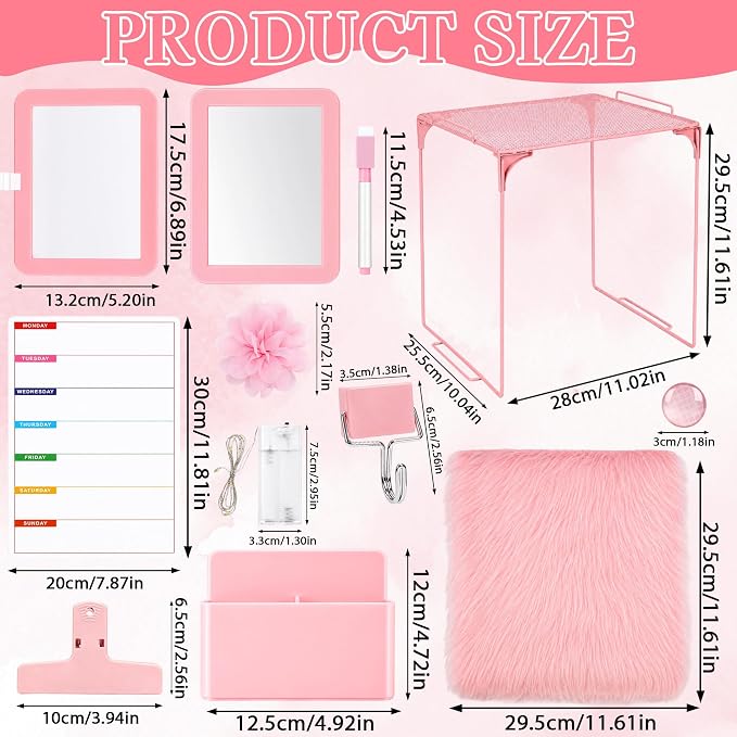 17 PCS Locker Accessories for Girls Locker Decoration Kit with Locker Shelf Magnetic Mirror Whiteboard Pen Holder Rug Wallpaper Lights Locker Organizer Set for School Dorm Gym Office (Pink)
