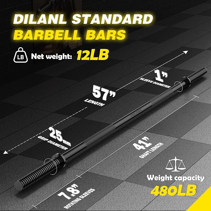 Weight Lifting Bar 57", 1" Standard Straight Barbell Bars Olympic Home Gym | Weightlifting/Strength Training/Squat/Bench Press/Deadlift/Lunges/Hip Thrusts, 2 Star Collars (480lb Weight Capacity)