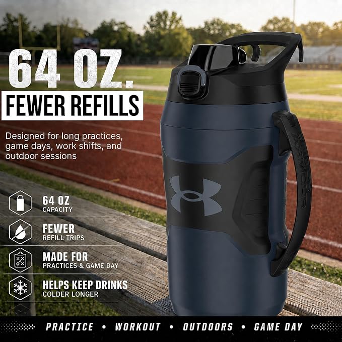Under Armour Insulated Water Bottle with Handle & Fence Hook, Half Gallon Sports Water Jug, Leak-Resistant & BPA-Free for Baseball, Football & Gym - Academy/Black, 64oz