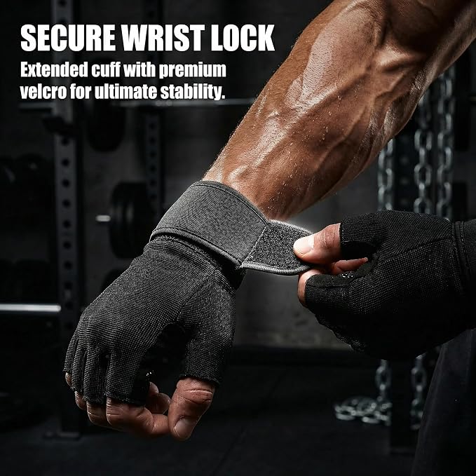 sunnex Weight Lifting Gloves with Extended Wrist Support - High-Grip Silicone Padded Gym Gloves for Men & Women, Breathable Fingerless Workout Gloves for Pull Ups, Training & Powerlifting (Black)