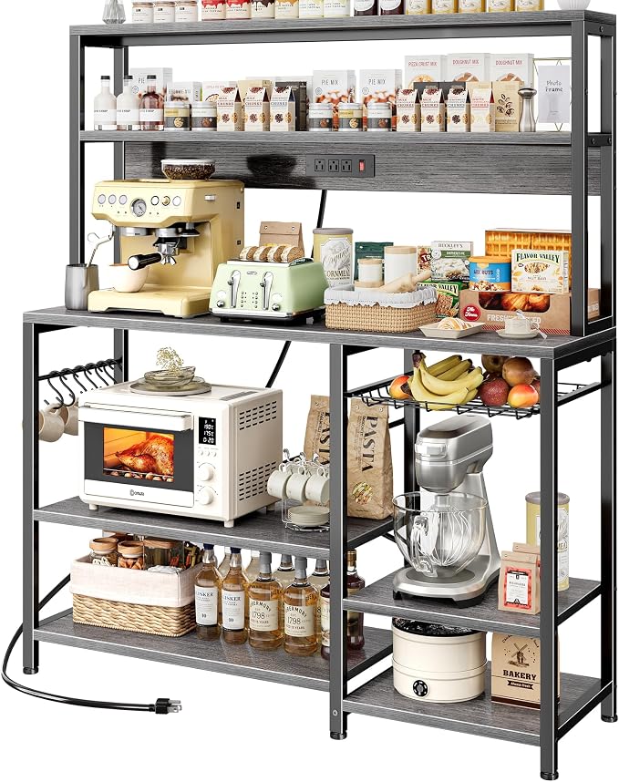 SUPERJARE Bakers Rack with Power Outlet, 47.2 Inches Coffee Bar with Basket | Kitchen Microwave Stand with 3 Level-Adjustable Open Shelves, with 9 S-Shaped Hooks, Grey