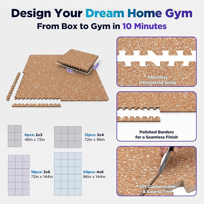 1'' Thick 96 Sq Ft Protective Gym Flooring for Home Gym, 24 Tiles Extra-Thick Rubber Top with High Density EVA Foam, Interlocking Exercise Equipment Mats, Heavy Weight Workout, Wood