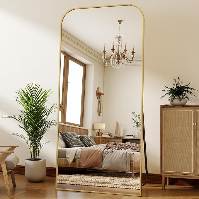 XRAMFY 77x38 Inch Floor Length Mirror with Stand, Full Length Standing Mirror for Bedroom, Full Body Tall Mirrors with Modern Aluminum Alloy Frame in Gold, Home Decor