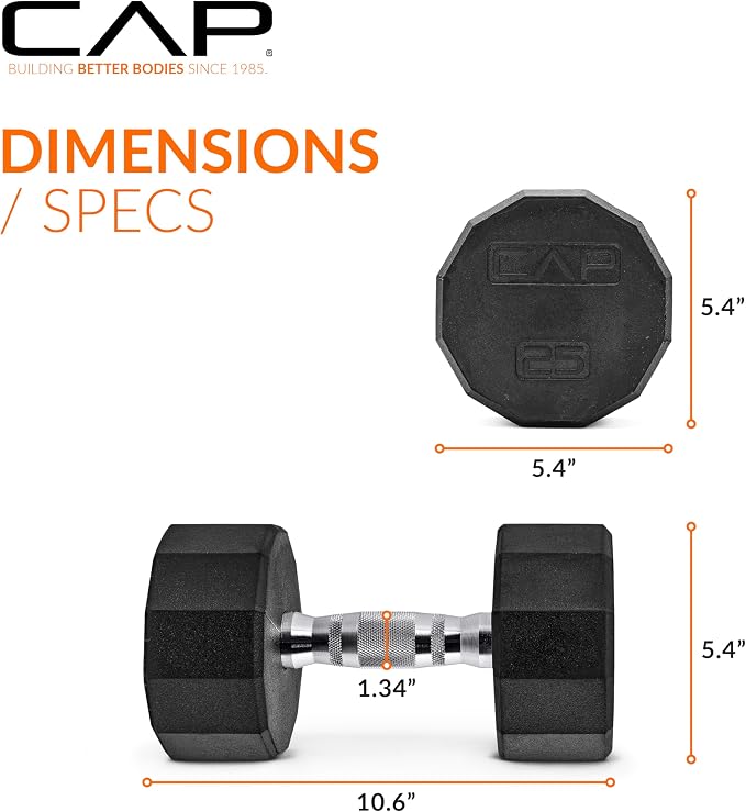 CAP Rubber Coated Dumbbell Weights, Free Weights for Home Gym Strength Training, Anti-Roll Hex Dumbbells with Black, Chrome & Comfort Grip Handles, Singles
