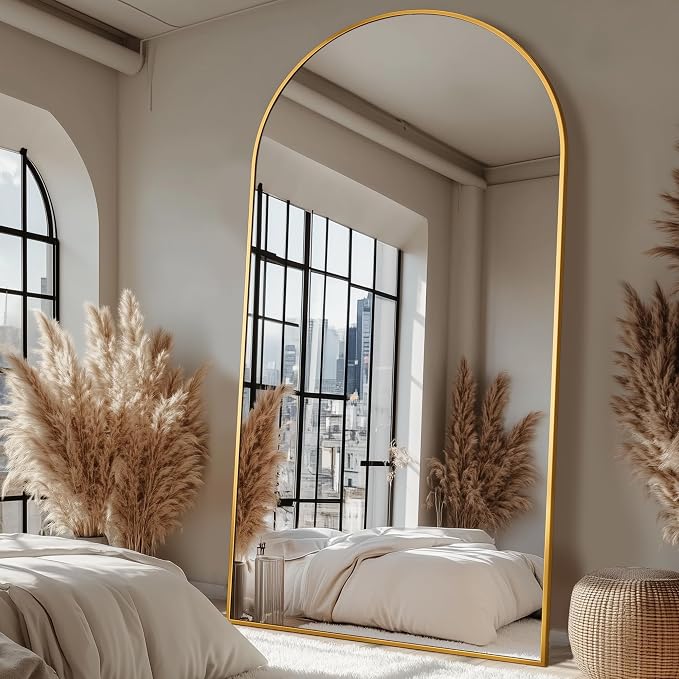 Antok Full Length Mirror, 90"x46" Floor Mirror with Stand, Hanging Mounted Mirrors for Bedroom, Living Room, Cloakroom, Dining Room, Gold, Arched