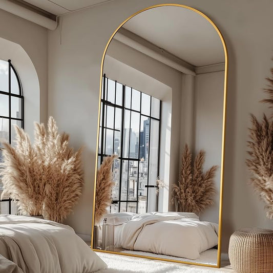 Antok Full Length Mirror, 90"x46" Floor Mirror with Stand, Hanging Mounted Mirrors for Bedroom, Living Room, Cloakroom, Dining Room, Gold, Arched