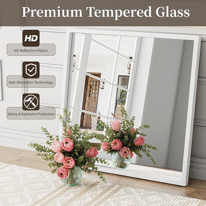 Syndra Square White Wood Frame Bathroom Mirror, 32''x32'' Modern Vanity Mirror for Wall, Waterproof Slim Deep Frame, HD Tempered Glass Mirror for Living Room, Bedroom, Entryway, Rustic, Farmhouse