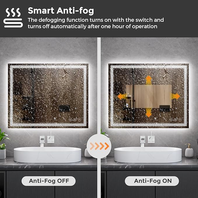 Koonmi 40x32 LED Bathroom Mirror with Light, Anti-Fog, 3 Colors | Backlit + Front Lit, Dimmable Brightness, Shatterproof HD Distortion-Free Tempered Glass, Hardware Included