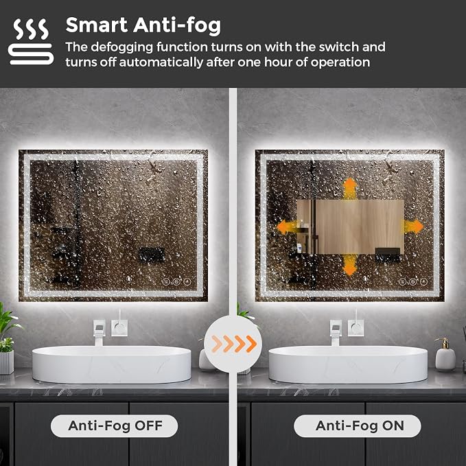 Koonmi 40x30 LED Bathroom Mirror with Light, Anti-Fog, 3 Colors | Backlit + Front Lit, Dimmable Brightness, Shatterproof HD Distortion-Free Tempered Glass, Hardware Included