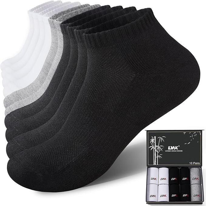LWK Men's Bamboo Viscose Ankle Socks 10-Pack, Thick Cushioned, Seamless Toe, Moisture Wicking, Arch Support, Gift Box