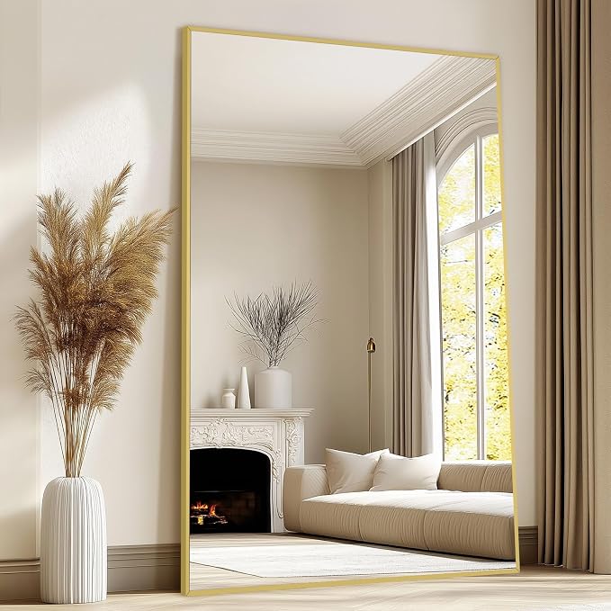 MirrMuse Large Mirror Full Length 72"X44",Oversized Floor Mirror with Stand | Gold Aluminum Alloy Frame, Free Standing, for Gym Bedroom Living Room, Hanging or Leaning, Shatterproof Tempered Glass