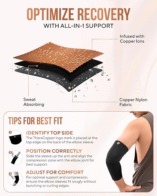TheraCopper Copper Elbow Compression Sleeve for Men & Women (Pair) – Infused Copper Elbow Brace for Tennis Elbow, Tendonitis, Arthritis & Bursitis – Elbow Support for Golf, Workouts & Recovery (X-Large)