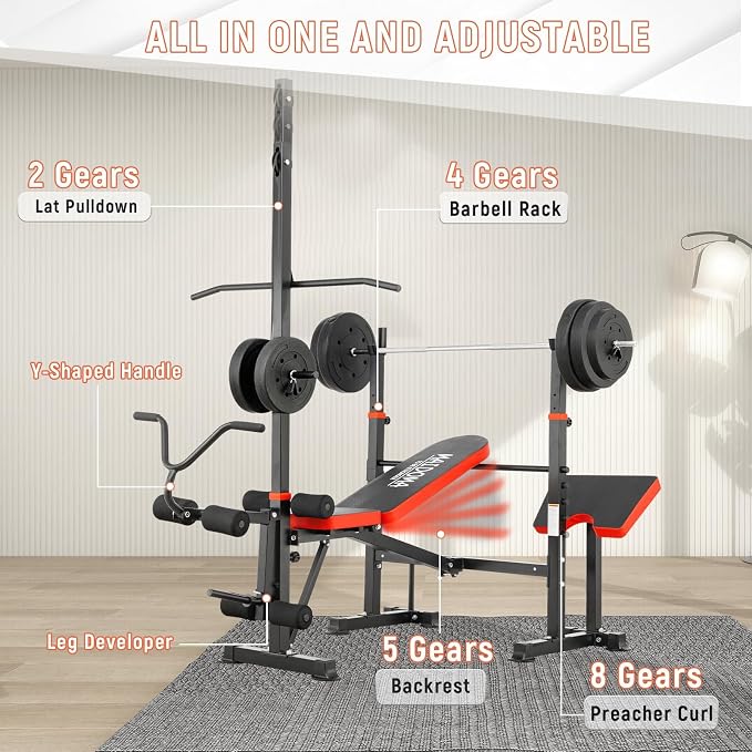 MAIDOMA Multi-Function 8 in 1 Foldable Weight Bench Set with Leg Extension | Foldable Bench Press with Rack, Adjustable Flat Incline Decline Workout Bench Set for Home Gym.（US Stock）
