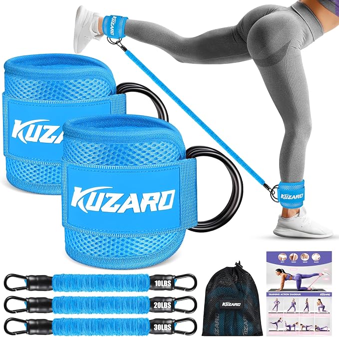KUZARO Ankle Resistance Bands with Cuffs, Ankle Weights Bands for Working Out, Women Leg and Glutes Workout Equipment, Exercise Bands for Kickbacks, Butt and Booty Trainer, Home Gym Fitness Equipment