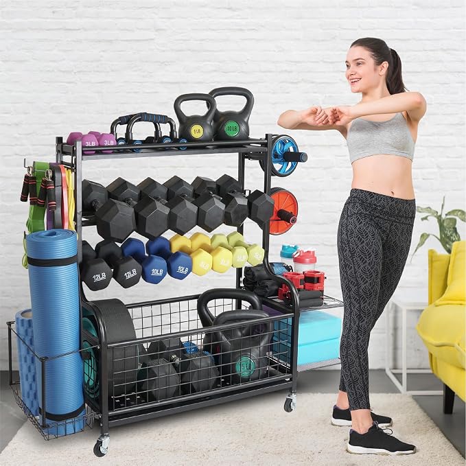STUFFSTASH Dumbbell Rack for Home Gym, Heavy Duty Weight Rack for Dumbbells, Adjustable Dumbbell Stand with Storage, 700LB Capacity Gym Equipment Organizer with Wheels