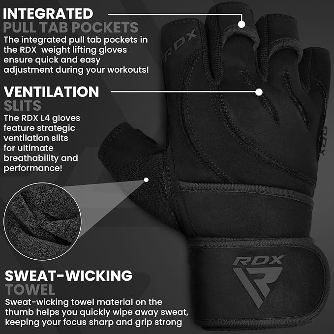 RDX Weight Lifting Workout Gloves with Wrist Support, 50 CM Long Wrist Straps, Anti Slip Padded Palm, Breathable Gym Grip for Fitness Training Powerlifting, Men Women Bodybuilding Exercise