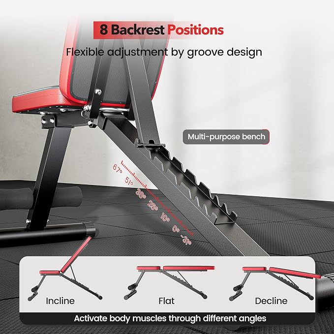 NICEPEOPLE Adjustable Weight Bench for Home Gym, 660LBS Capacity Workout Bench with 8 Backrests for Chest Shoulders Arms, Compact and Foldable Strength Bench for Small Space Apartment Room