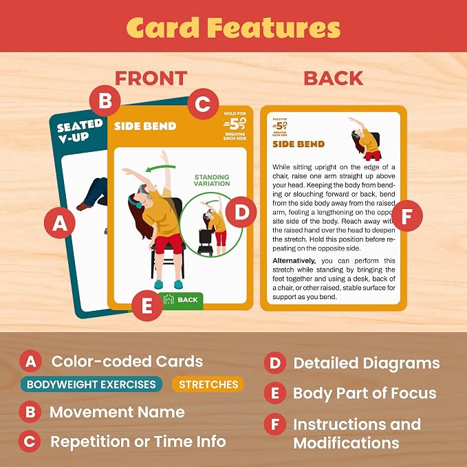75 Desk Workout Cards – Move More at Work with 50 Easy Bodyweight Exercises & 25 Stretches – Compact 3.5" x 2.5” Chair Exercise Cards for Home or Office - No Equipment Needed and Beginner Friendly