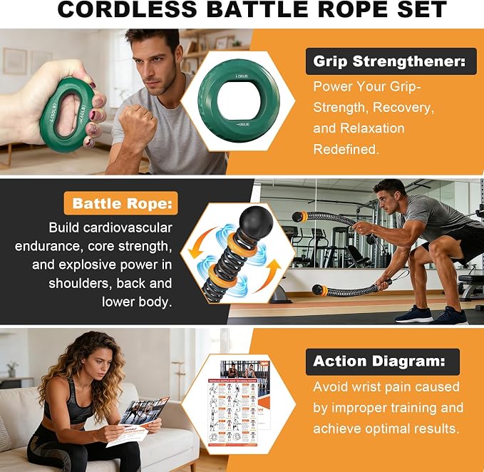 Weighted Ropeless Battle Ropes, Portable Cordless Rope for Home Gym | Grip Strengtheners&Poster, Adjustable Resistance, Non Slip Handle, Low-Noise, Heavy Duty Fitness Rope for HIIT Strength, 2PCS