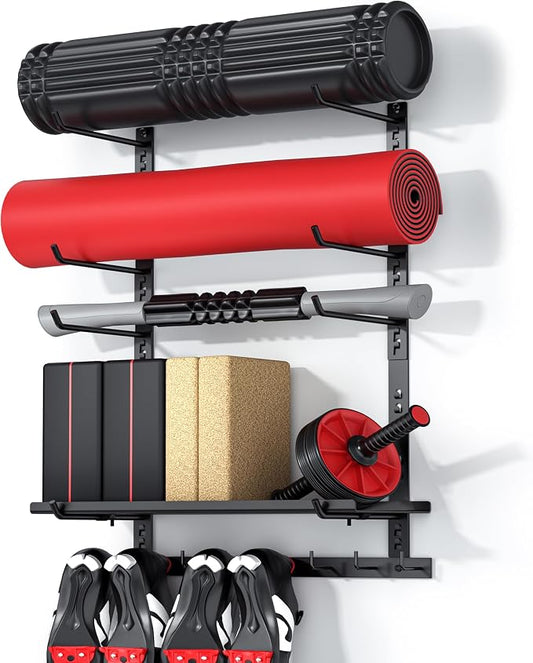 Home Gym Wall Storage Shelf, 1 Board & 4 Adjustable Holders Sets | gym wall storage shelf with 4 adjustable holder sets and 8 hooks for mats, bands, shoes and workout gear