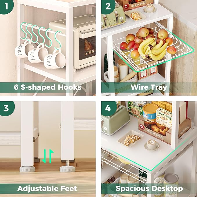 SUPERJARE Bakers Rack with Power Outlet, 47.2 Inches Coffee Bar with Basket | Kitchen Microwave Stand with 3 Level-Adjustable Open Shelves, with 6 S-Shaped Hooks, White