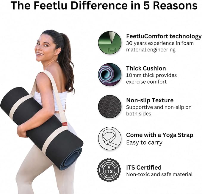 Extra Thick Yoga Mat with Carry Strap, 10mm Non-Slip Exercise Mat, 72 x 24 Inch Cushioned Workout Mat for Yoga, Pilates, Stretching & Floor Exercises