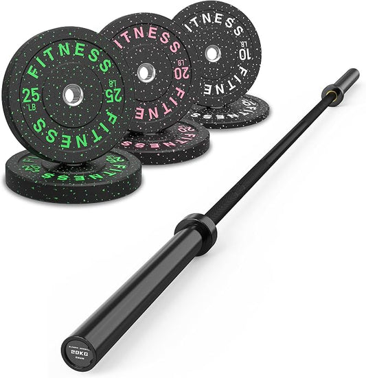 HANDBODE Olympic Barbell Set, 2-Inch Bumper Plates with Weight Plate Rack | Colored Crumb Rubber Weight Plates for Weight Lifting & Strength Training, 90–530 lb Set with 45 LB (20 kg) Olympic Barbell