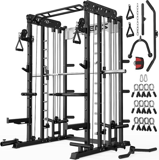 JELENS Smith Machine for Home Gym, Multi-Function M12 Power Cage with Cable Crossover System, Squat Rack with Smith Bar and More Attachment