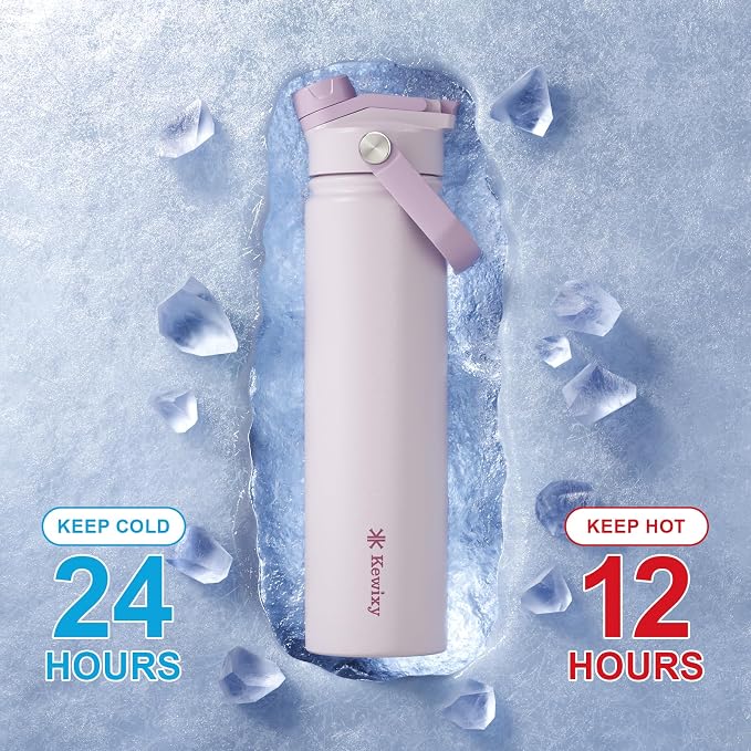 KEWIXY 24 oz Insulated Water Bottle, 2-in-1 Lid, Straw & Spout with Protected, Leak Proof, Keep Cold, Stainless Steel, Metal, Reusable, Handle, for Travel, Gym and School, 2 Lids, Pale Mauve
