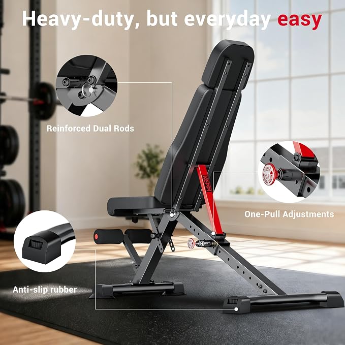 Keppi Weight Bench 900Lb, Adjustable Foldable Sturdy Bench for Home Gym | 900LB Flat capacity,11 back adjustments,fast-fold,30lb portable, PU leather, bands included,home gym & apartment