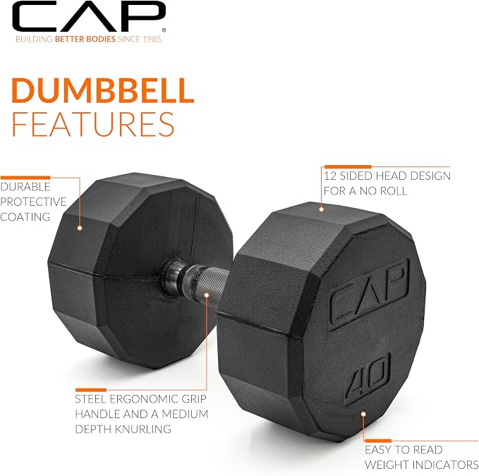 CAP Rubber Coated Dumbbell Weights, Free Weights for Home Gym Strength Training, Anti-Roll Hex Dumbbells with Black, Chrome & Comfort Grip Handles, Singles